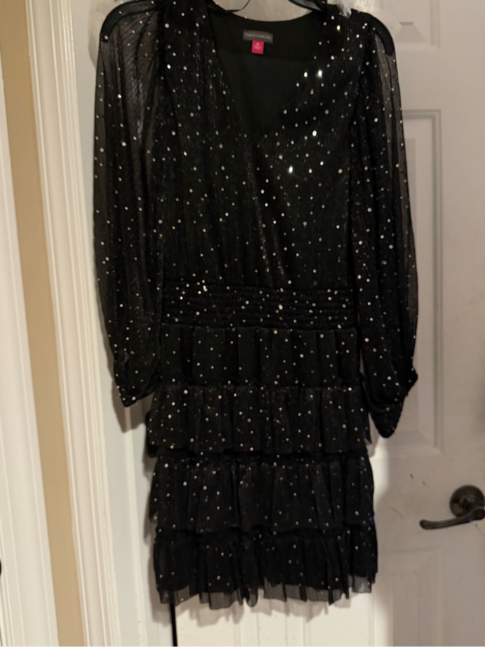 Vince Camuto Black Sequin Tiered Long-Sleeve Dress